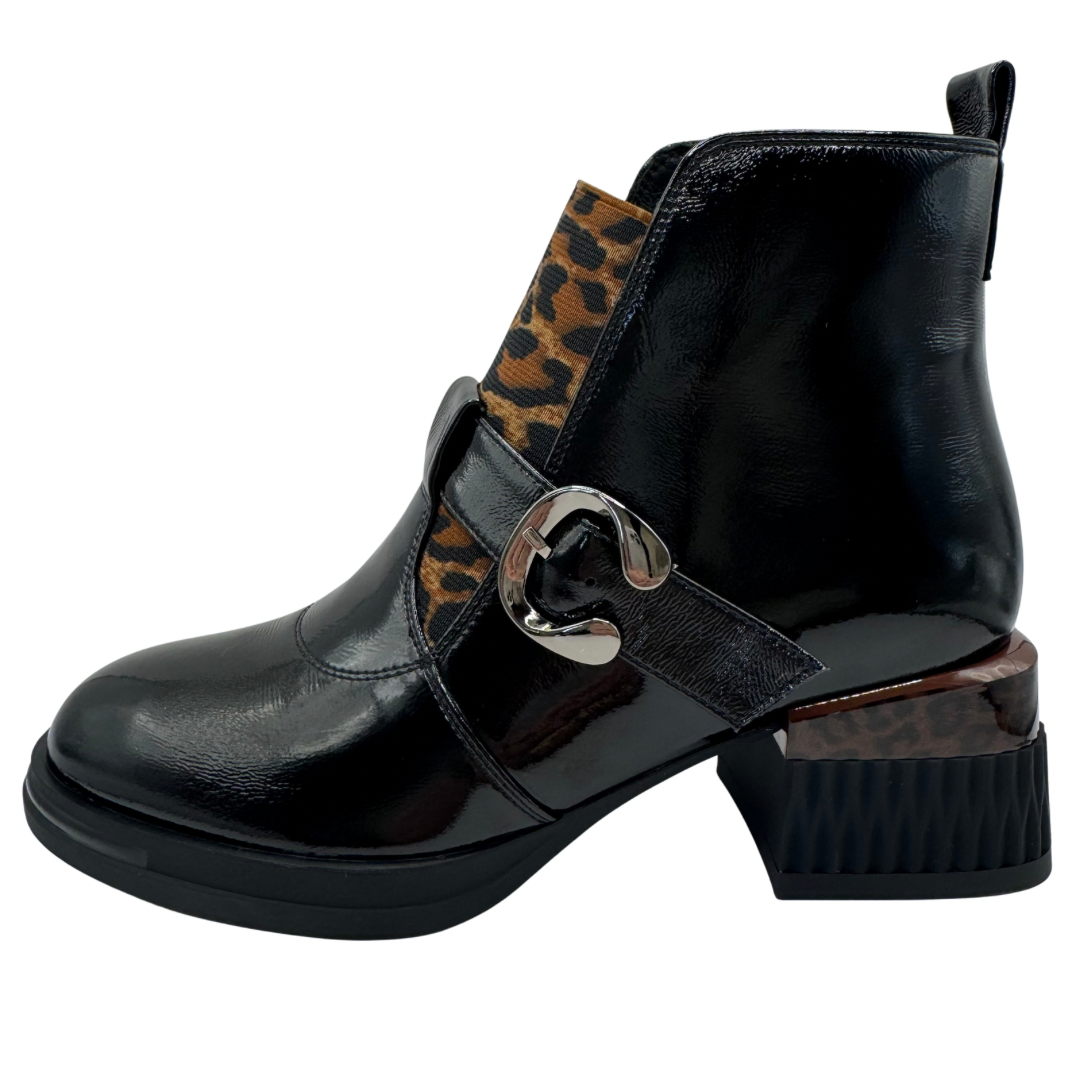 Loretta Vitale Black Patent Heeled Boots with Leopard Print &amp; Buckle Detail