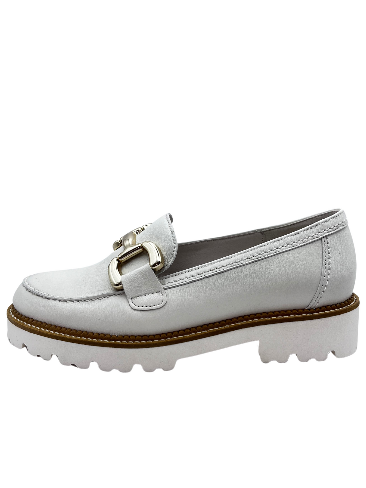 Gabor White Leather Loafer With Gold Chain Detail