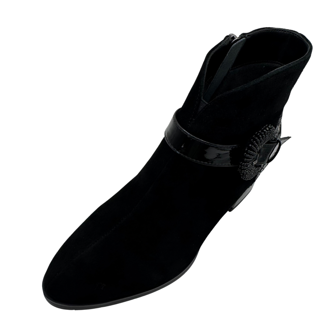 Loretta Vitale Black Suede Heeled Boots with Patent &amp; Round Buckle Detail