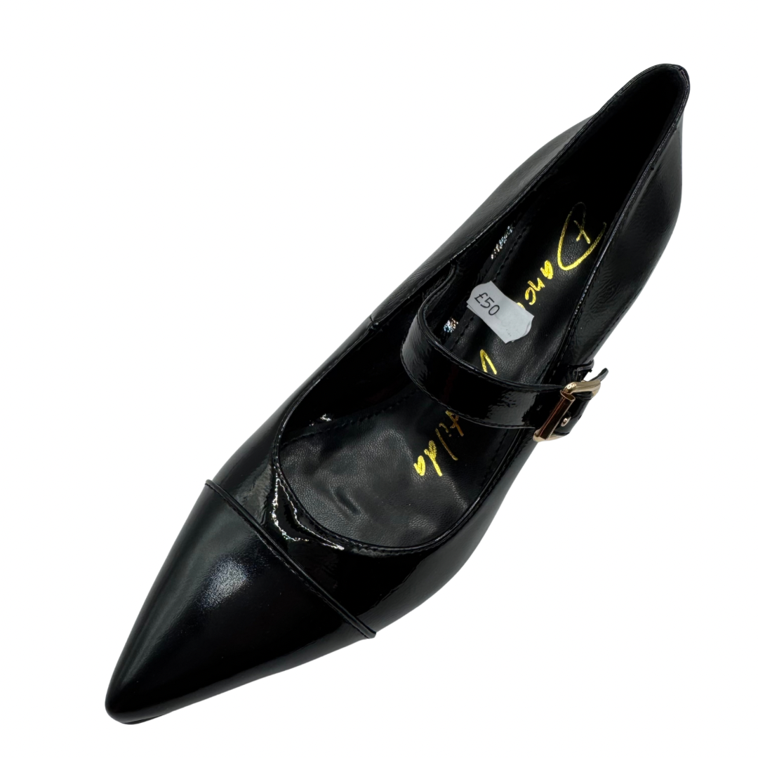 Dancing Matilda Black Patent Pointed Heeled Shoe with Strap