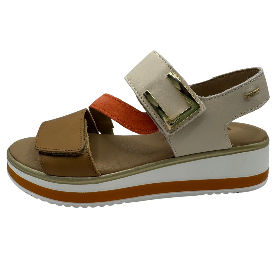 Igi &amp; Co Nude, Coral &amp; Brown Wedge Sandals with Velcro Straps