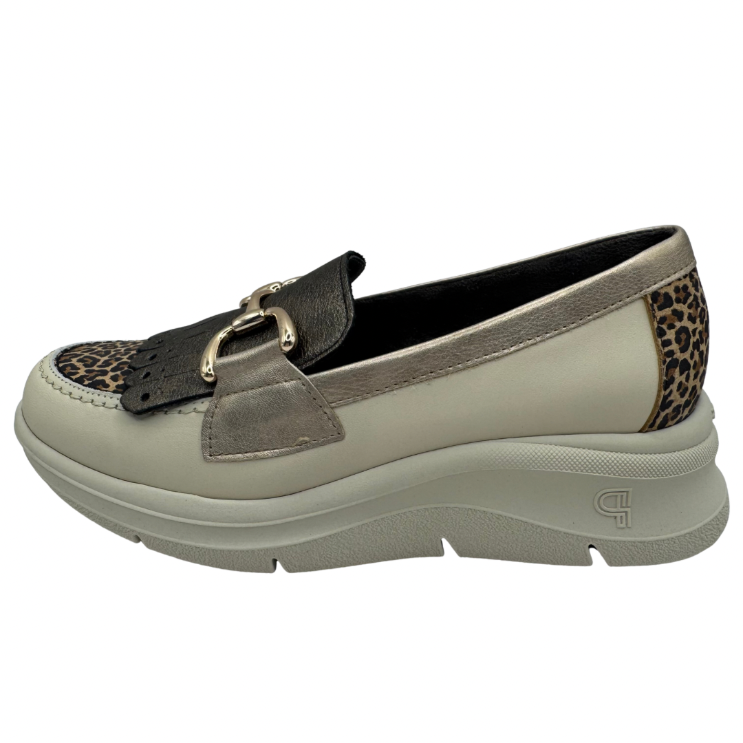 Pitillos Cream &amp; Leopard Print Wedged Loafers