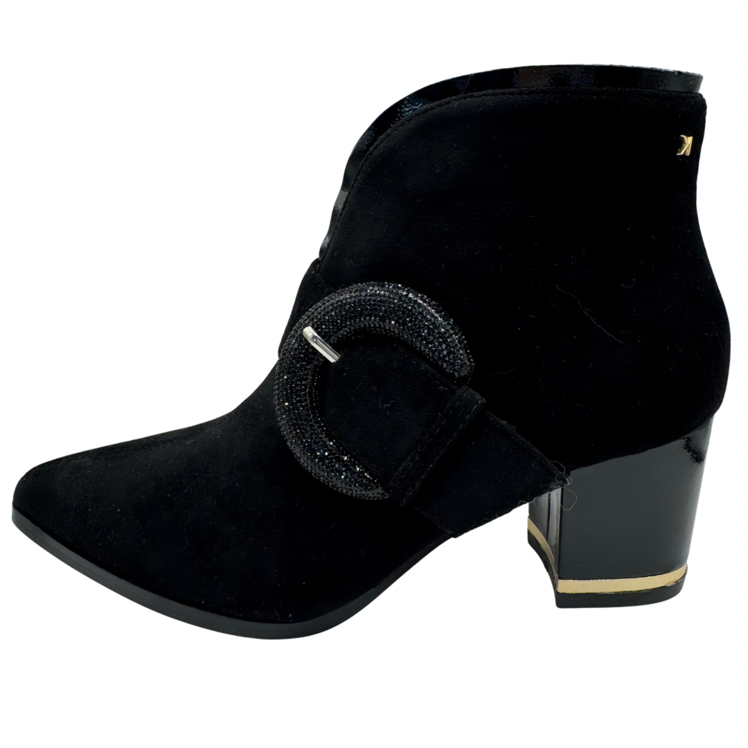 Kate Appleby Black Suede Pointed Heeled Boots with Circle Buckle Detail
