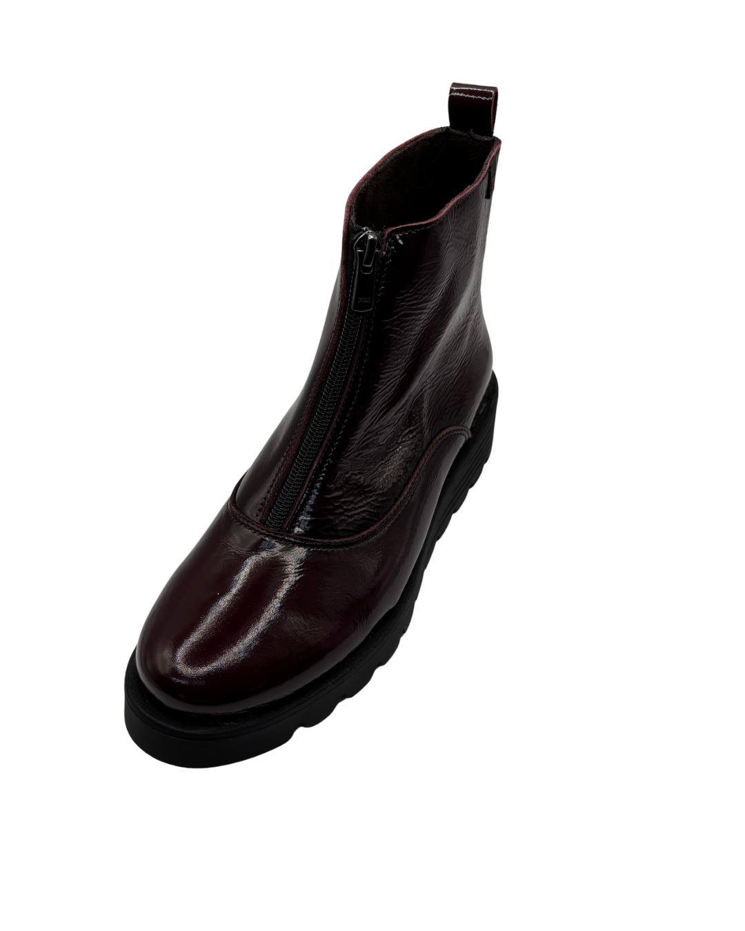 Pepe Saenz Wine Patent Wedge Boot with Front Zip