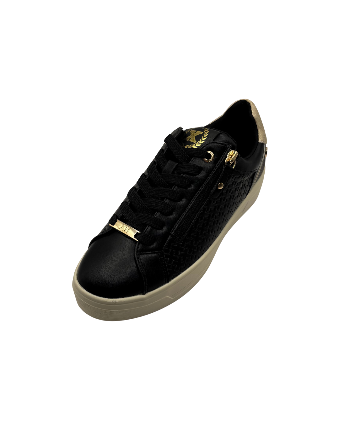 XTI Black Platform Trainer with Gold Zip Detail