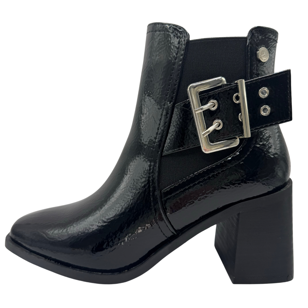 Xti Black Patent Block Heel Boots