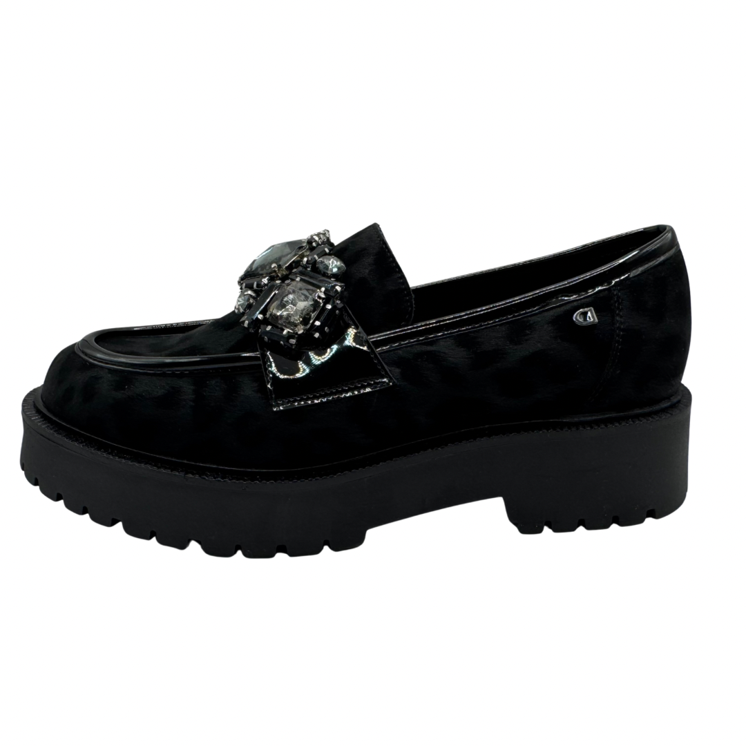 Donna Serena Black Leopard Print Loafers with Jewel Detail