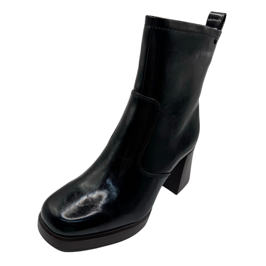 Tamaris Black Patent Boots with Dark Brown Block Heel