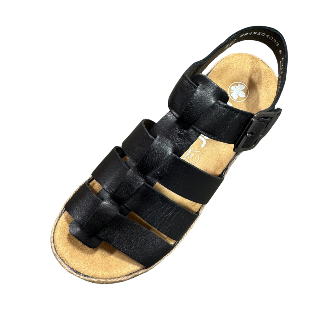 Rieker Black Platform Sandals with Woven Detail &amp; Velcro Straps