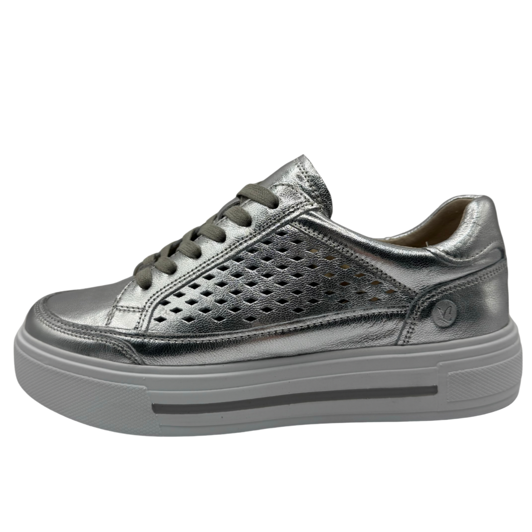 Caprice Silver Metallic Trainers with Perforated Detail