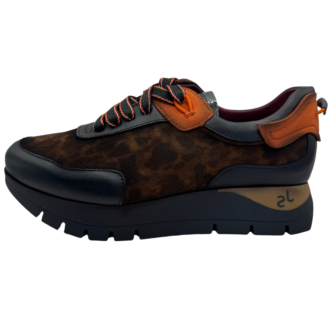 Jose Saenz Black &amp; Leopard Print Trainers with Orange Detail