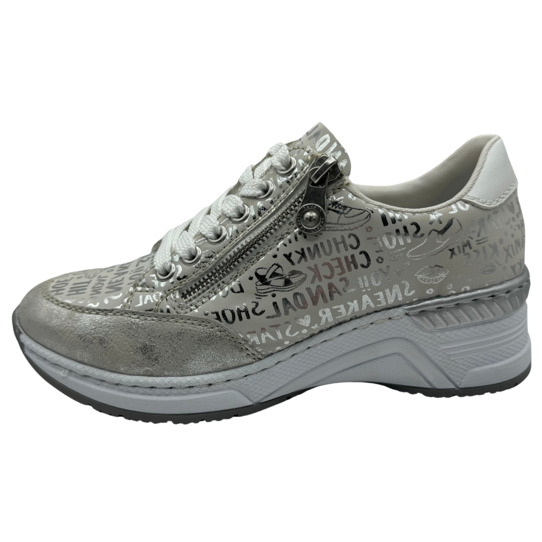 Rieker Light Beige and Silver Print Trainer