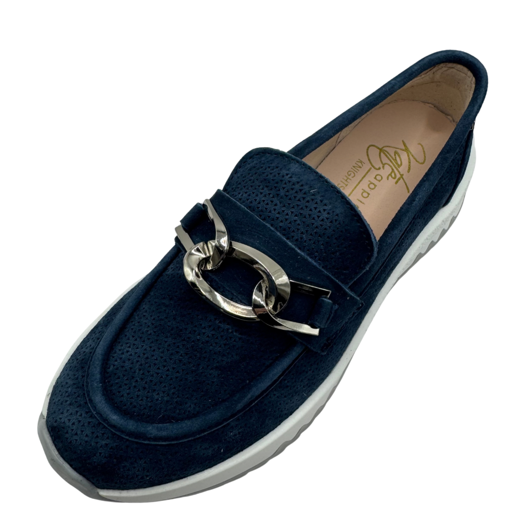 Kate Appleby Navy Suede Loafers with Gold Chain Detail