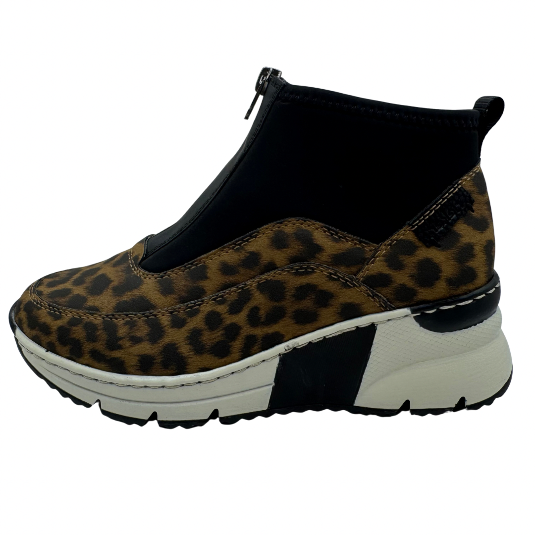 Rieker Brown Leopard Print &amp; Black Wedged Trainer Boots with Fromt Zip