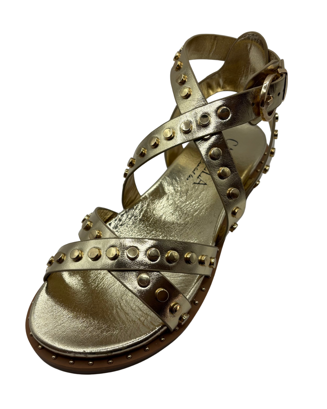 Carmela Gold Cross Strap Sandal