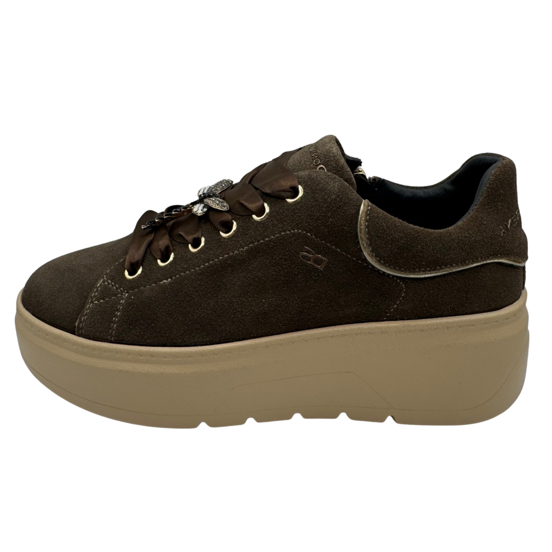 Donna Serena Brown Platform Trainers with Jewel Detail