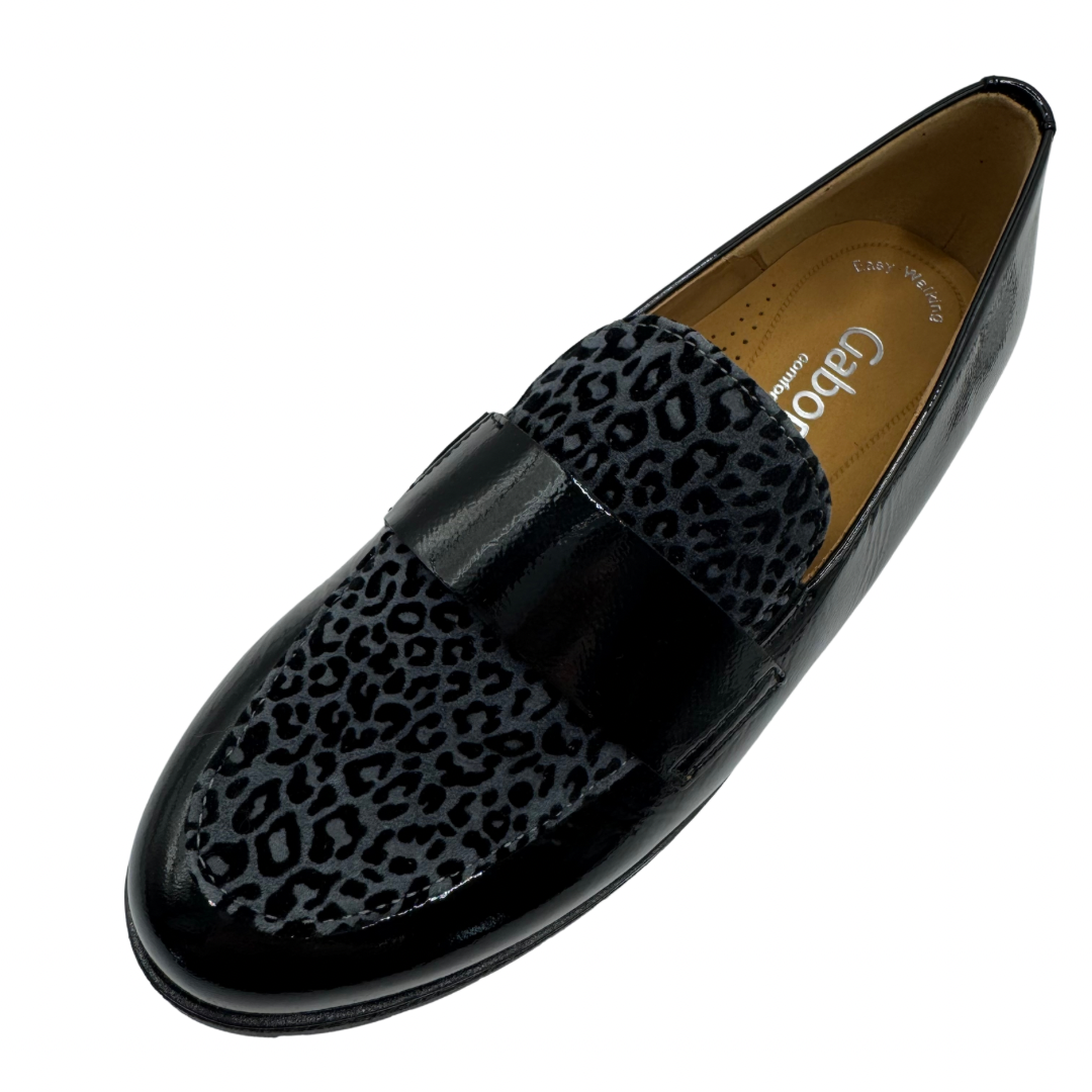 Gabor Black Patent Loafers with Leopard Print Detail