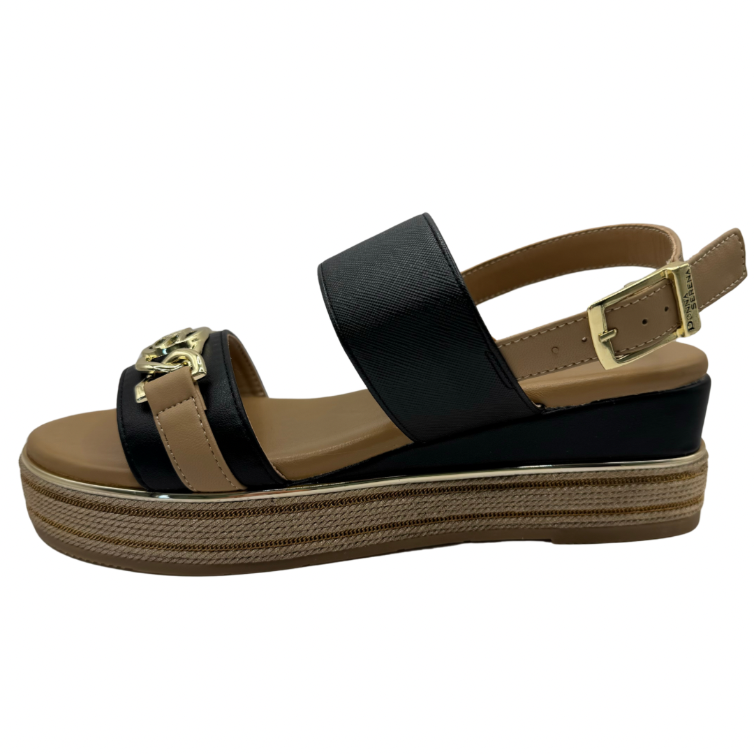 Donna Serena Black &amp; Brown Wedge Sandals with Gold Buckle Detail
