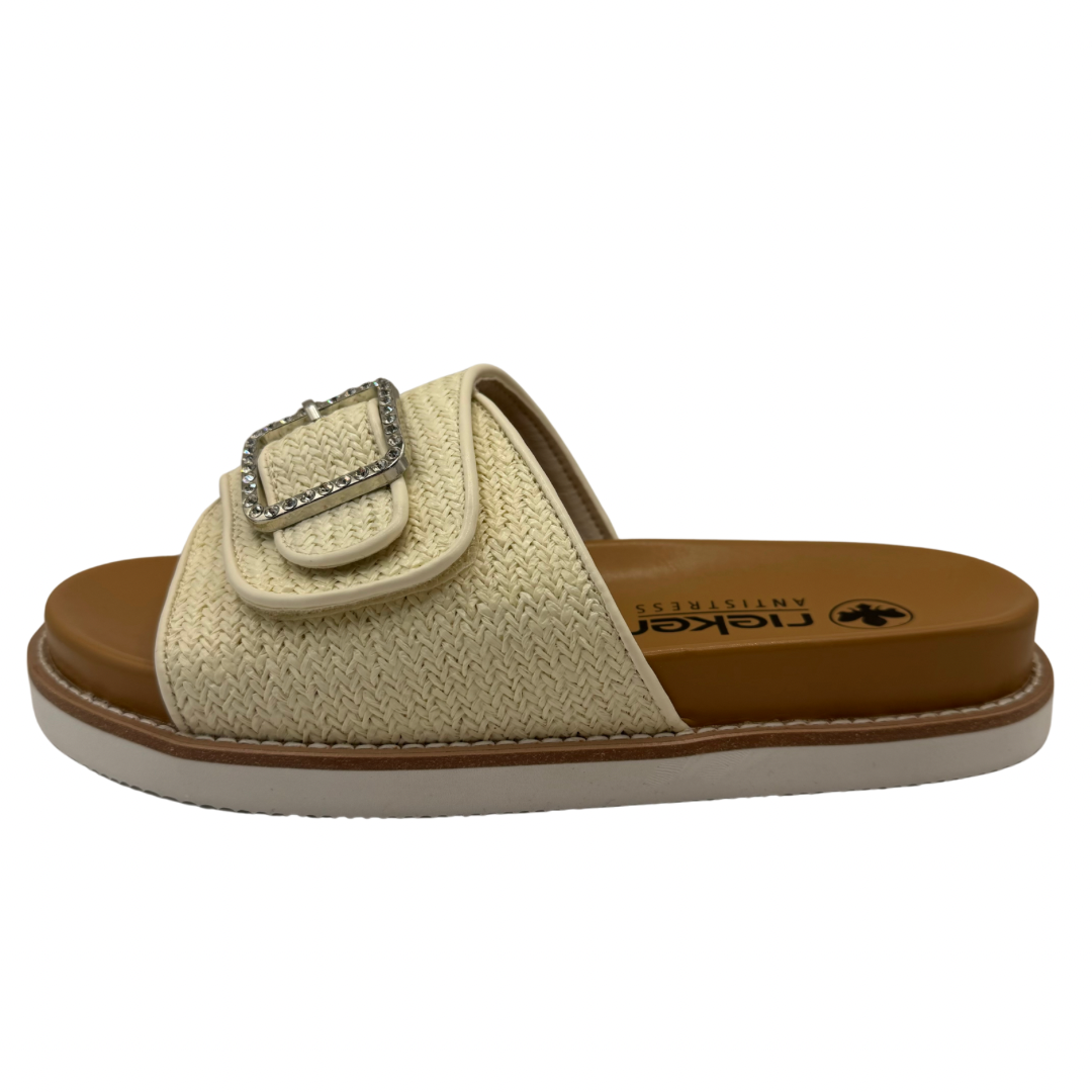 Rieker Cream Woven Slip On Sandals with Diamanté Buckle Detail