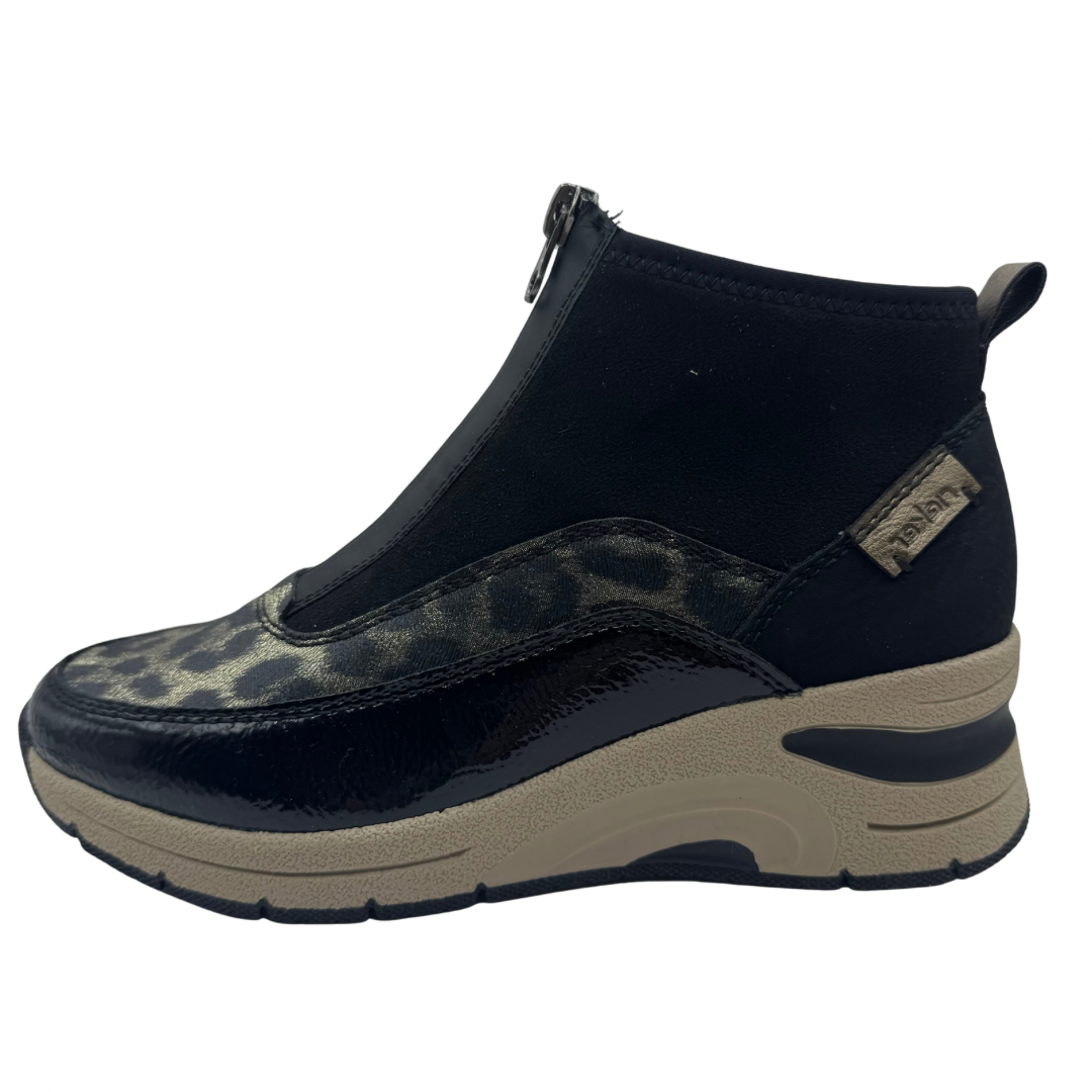 Rieker Black &amp; Leopard Print Wedged Trainer Boots with Front Zip