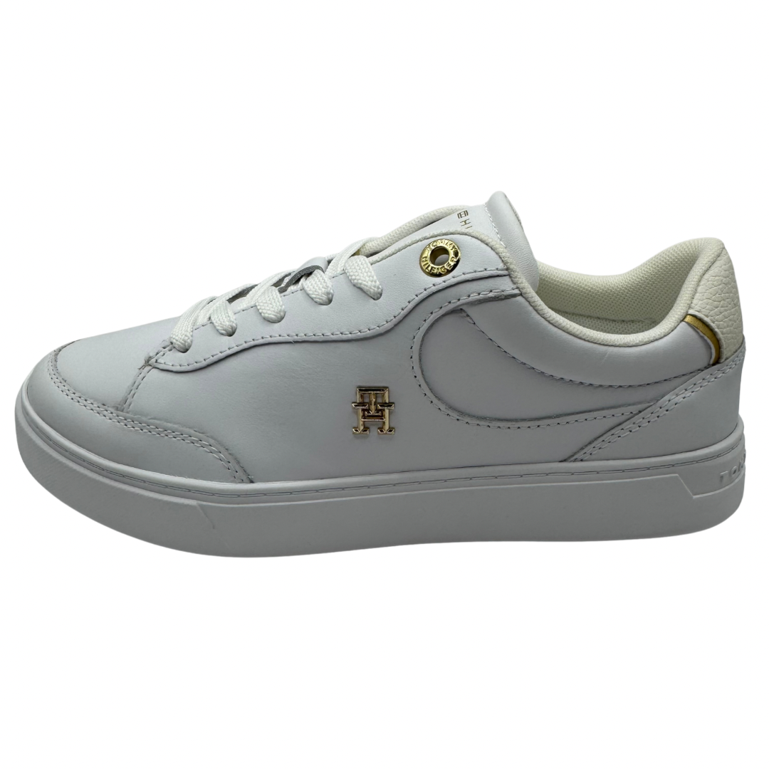 Tommy Hilfiger White Trainers with Gold Logo and Cream Heel