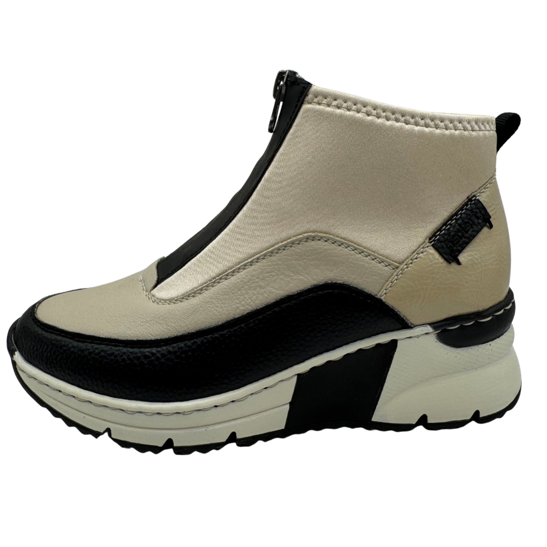 Rieker Beige &amp; Black Wedged Trainer Boots with Front Zip