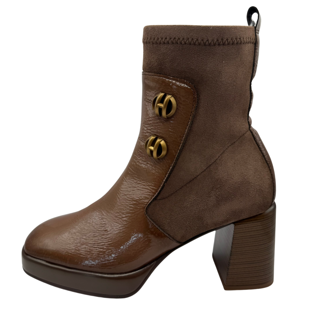 Hispanitas Brown Heeled Boots with Patent and Button Detail