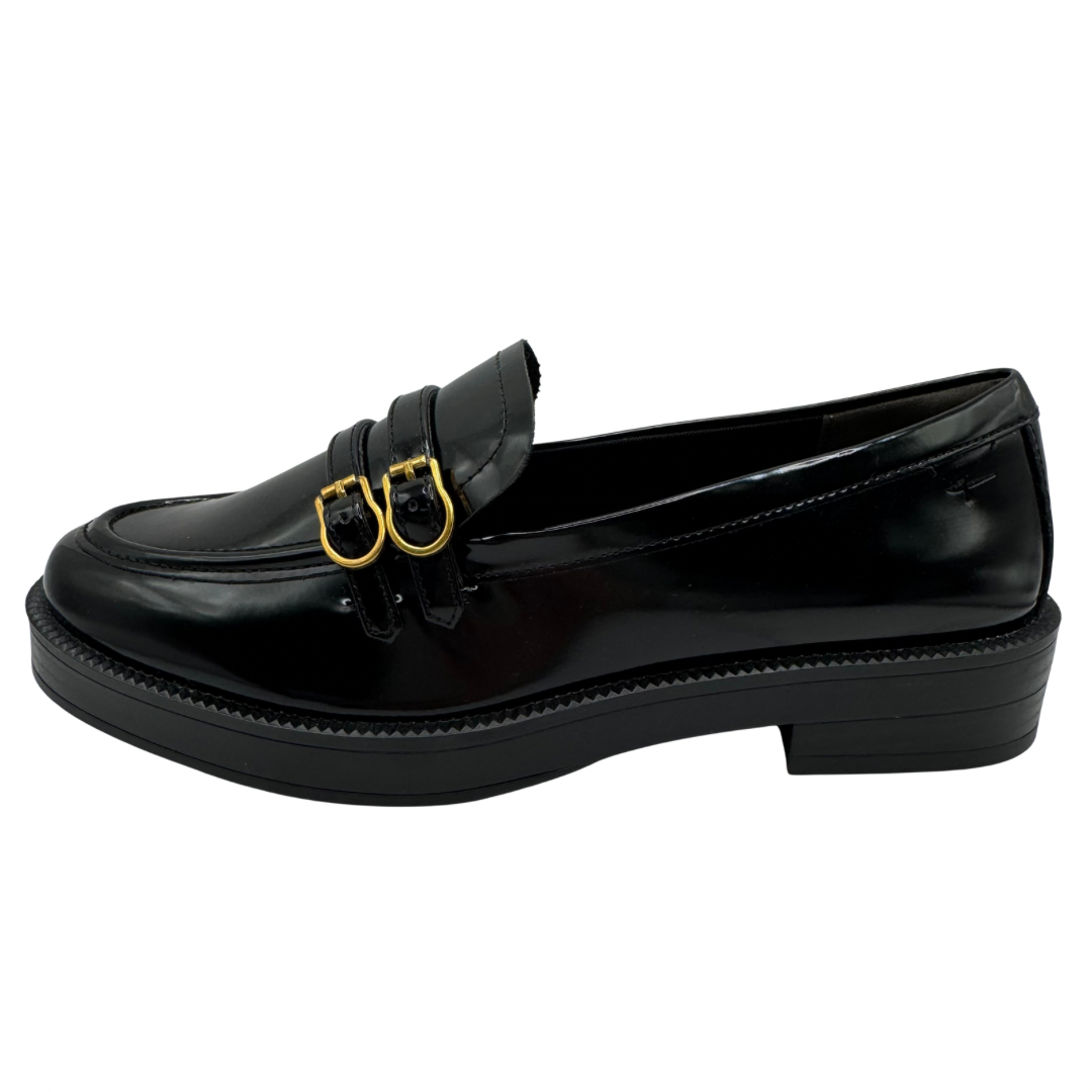 Tamaris Black Patent Loafers with Double Buckle Detail