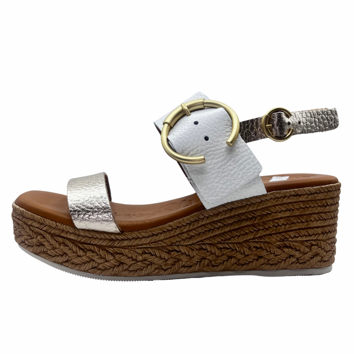 Oh My Sandals Woven Wedge White and Gold Leather Sandal