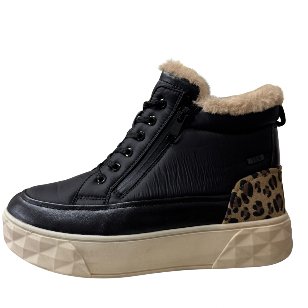 Caprice Black &amp; Leopard Print Platform Trainer Boots