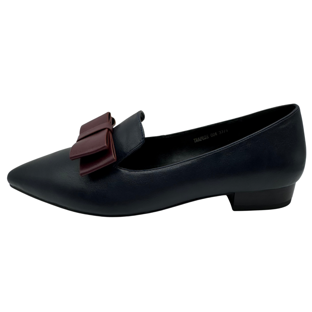 Dancing Matilda Navy Pointed Loafers with Burgundy Bow Detail