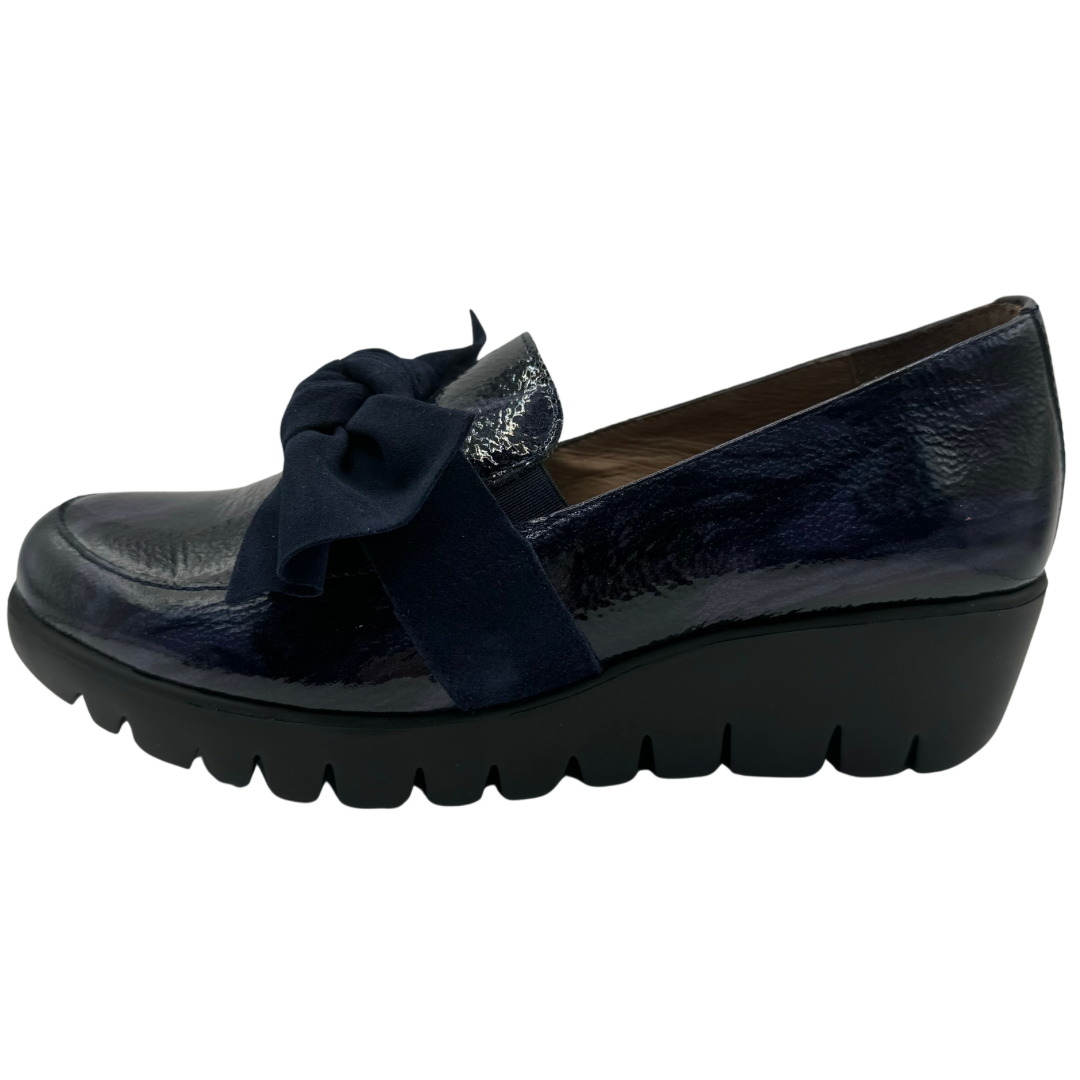 Wonders Navy Patent Wedge Loafers