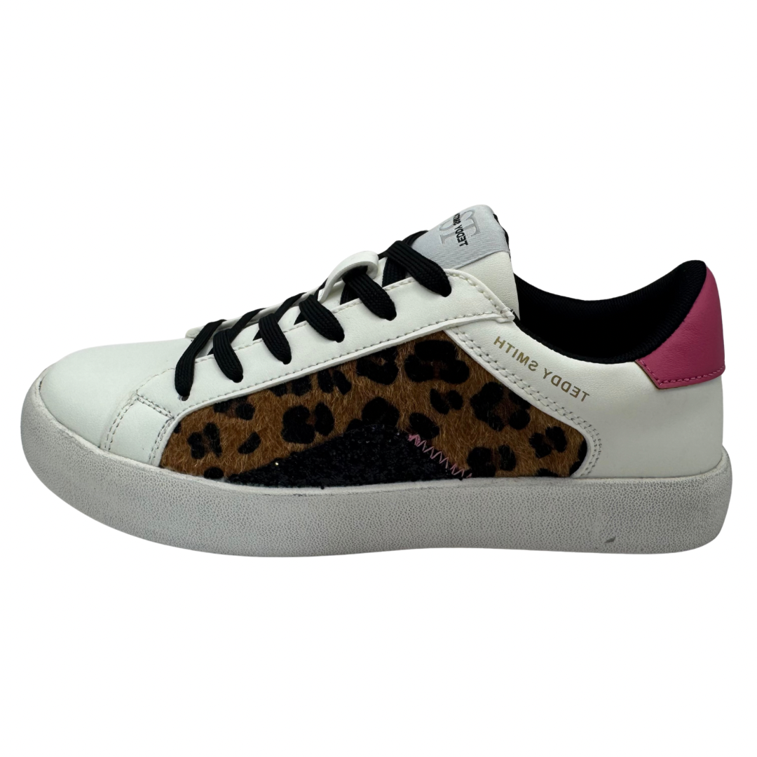 Teddy Smith White &amp; Leopard Print Trainers with Pink Detail