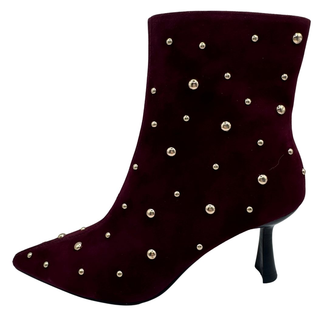 Pedro Anton Wine Heeled Boots with Gold Stud Detail