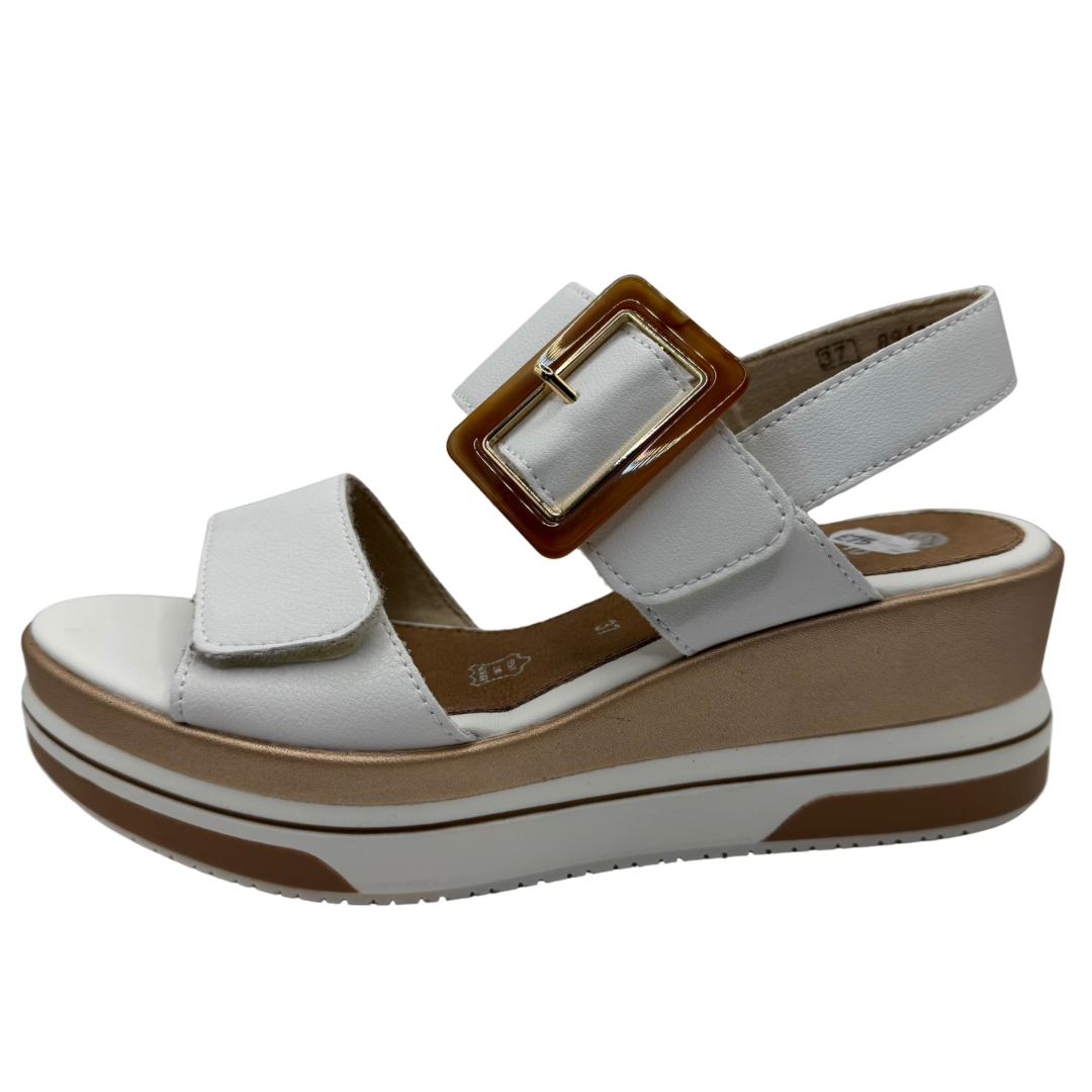 Remonte White Wedge Sandals with Velcro Straps &amp; Buckle Detail