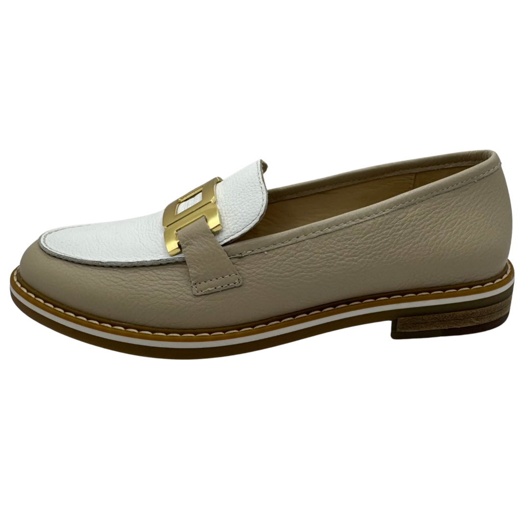 Ara Taupe &amp; White Loafer with Gold Buckle Detail
