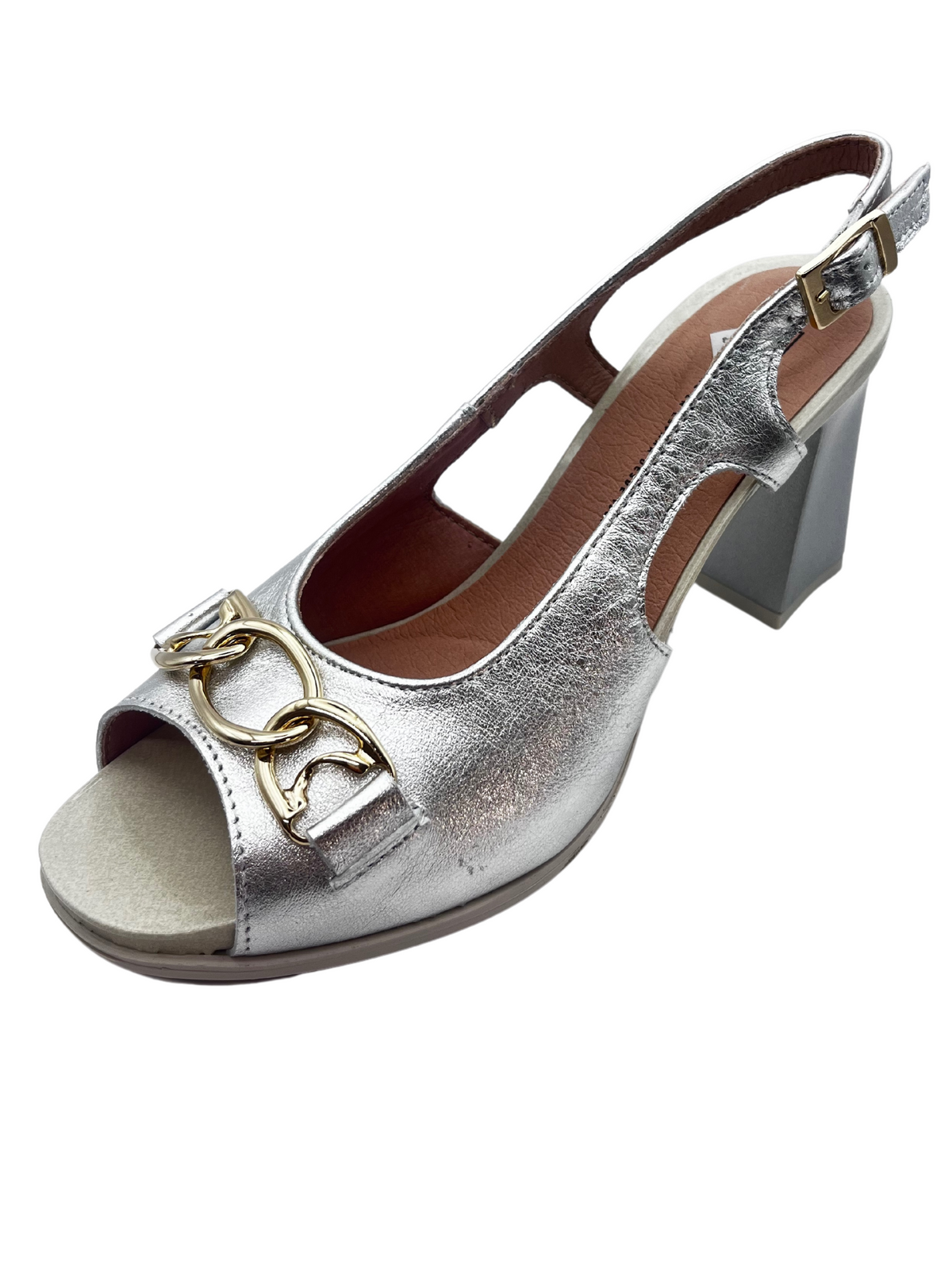 Pitillos Silver Leather Slingback Block Heels With Shimmer Heel