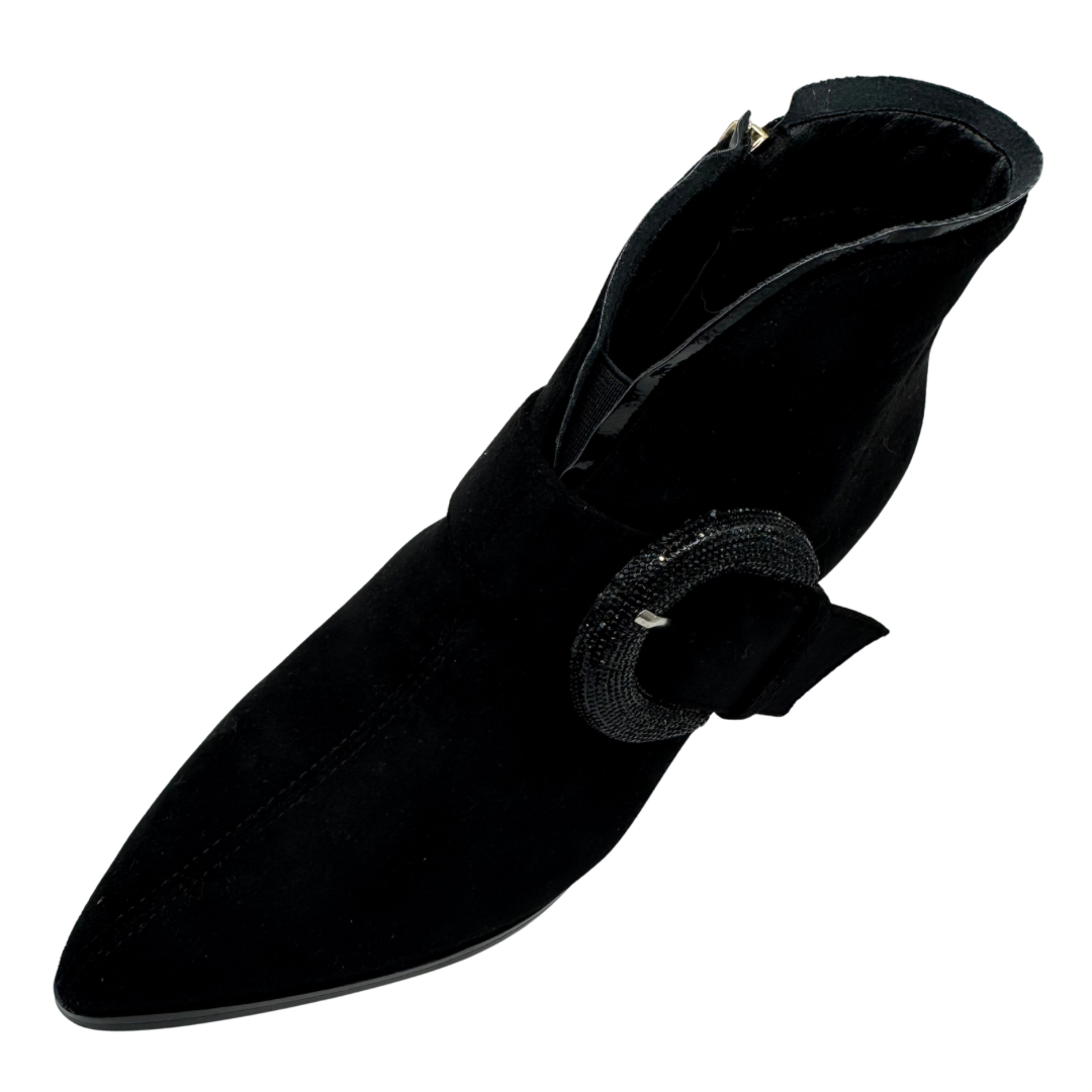 Kate Appleby Black Suede Pointed Heeled Boots with Circle Buckle Detail