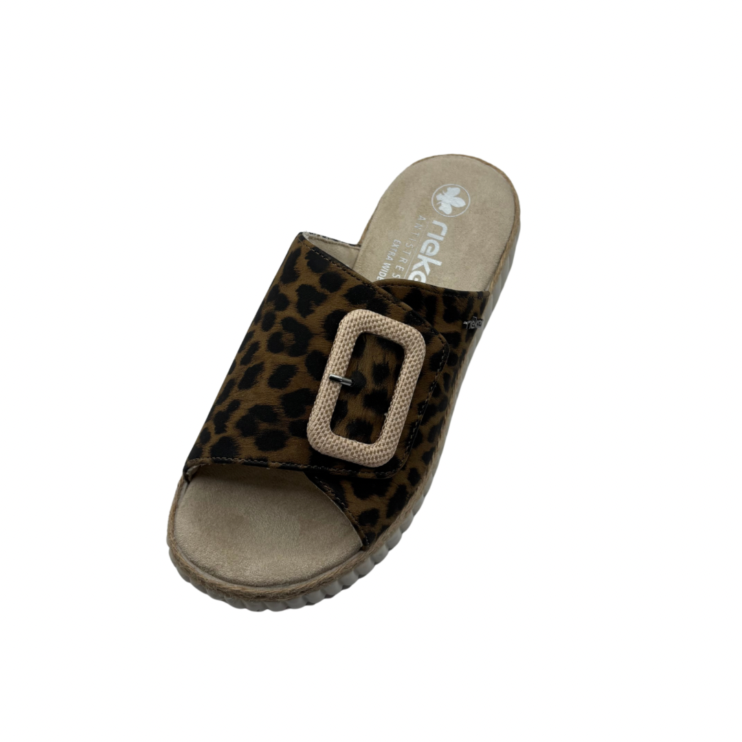 Rieker Leopard Print Slip on Sandals with Velcro Strap
