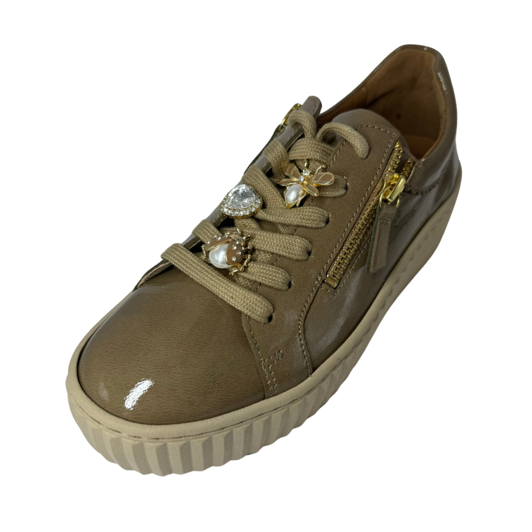 Gabor Beige Patent Trainers with Gems on Laces