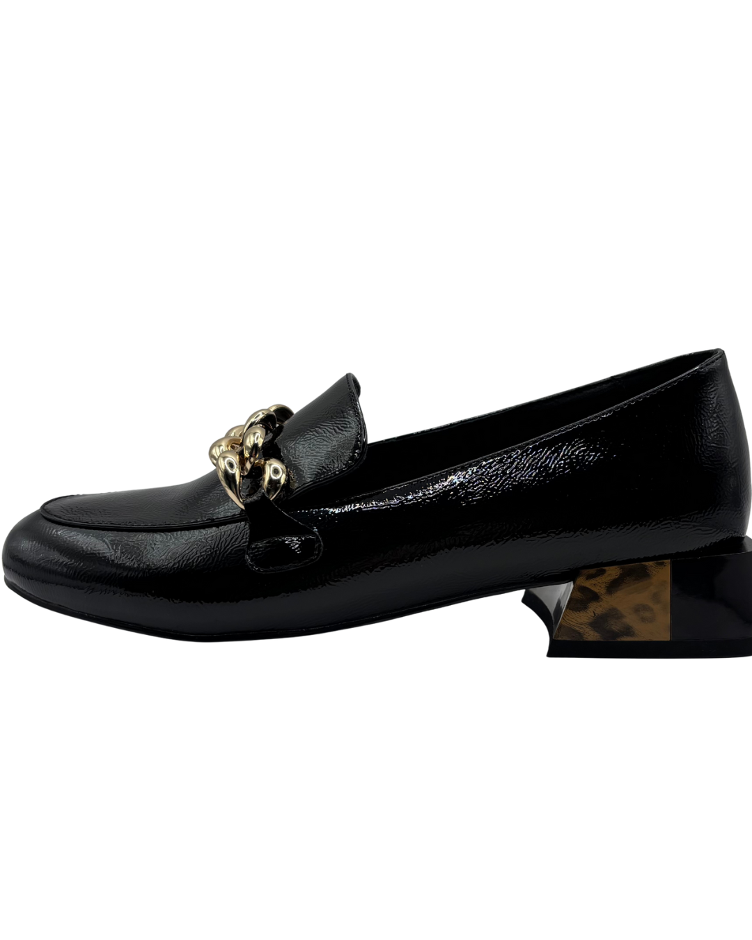 Dancing Matilda Black Patent Loafer with Gold Chain