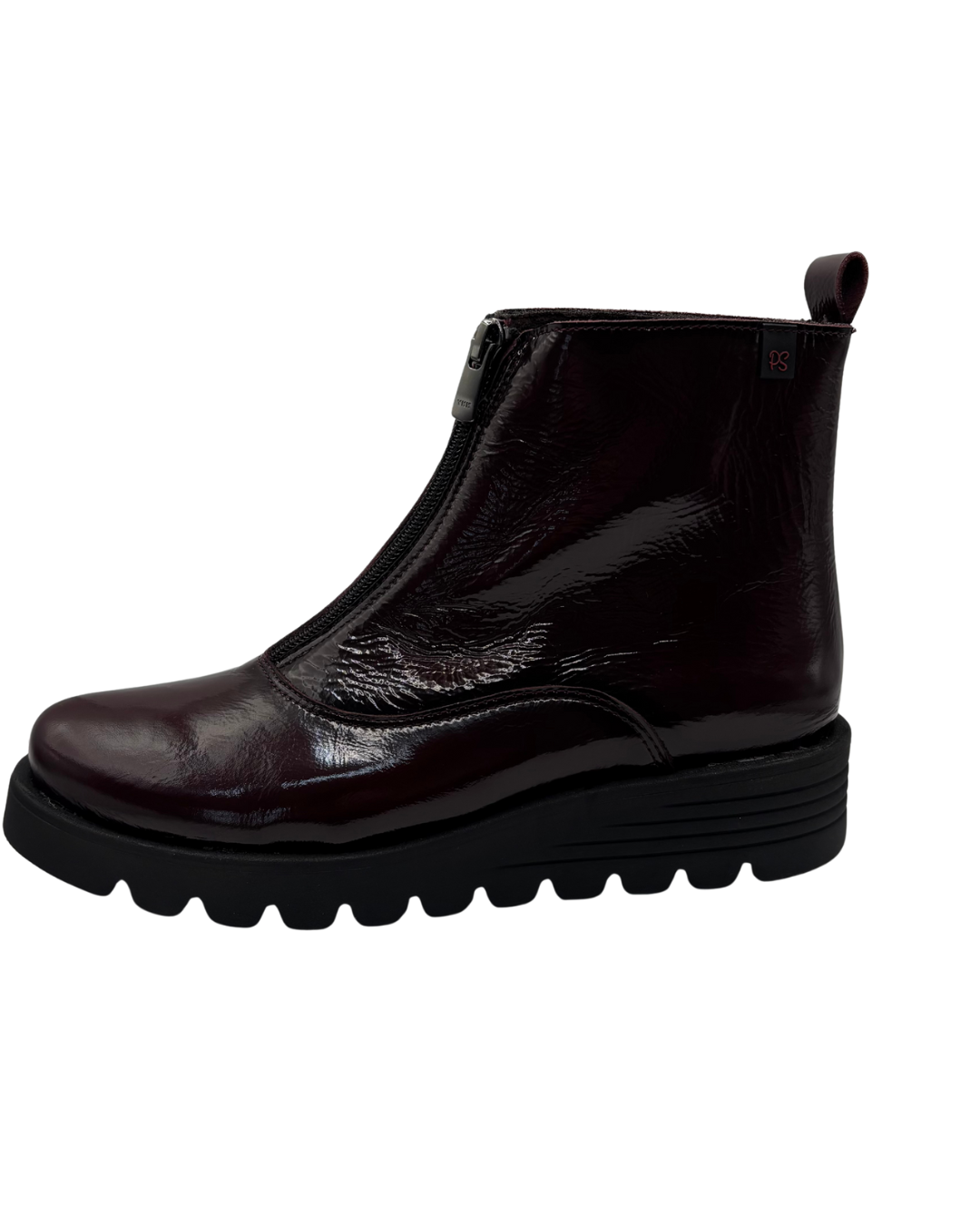 Pepe Saenz Wine Patent Wedge Boot with Front Zip