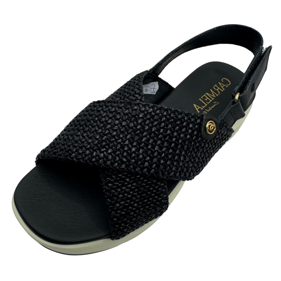 Carmela Black Crossover Wedge Sandals