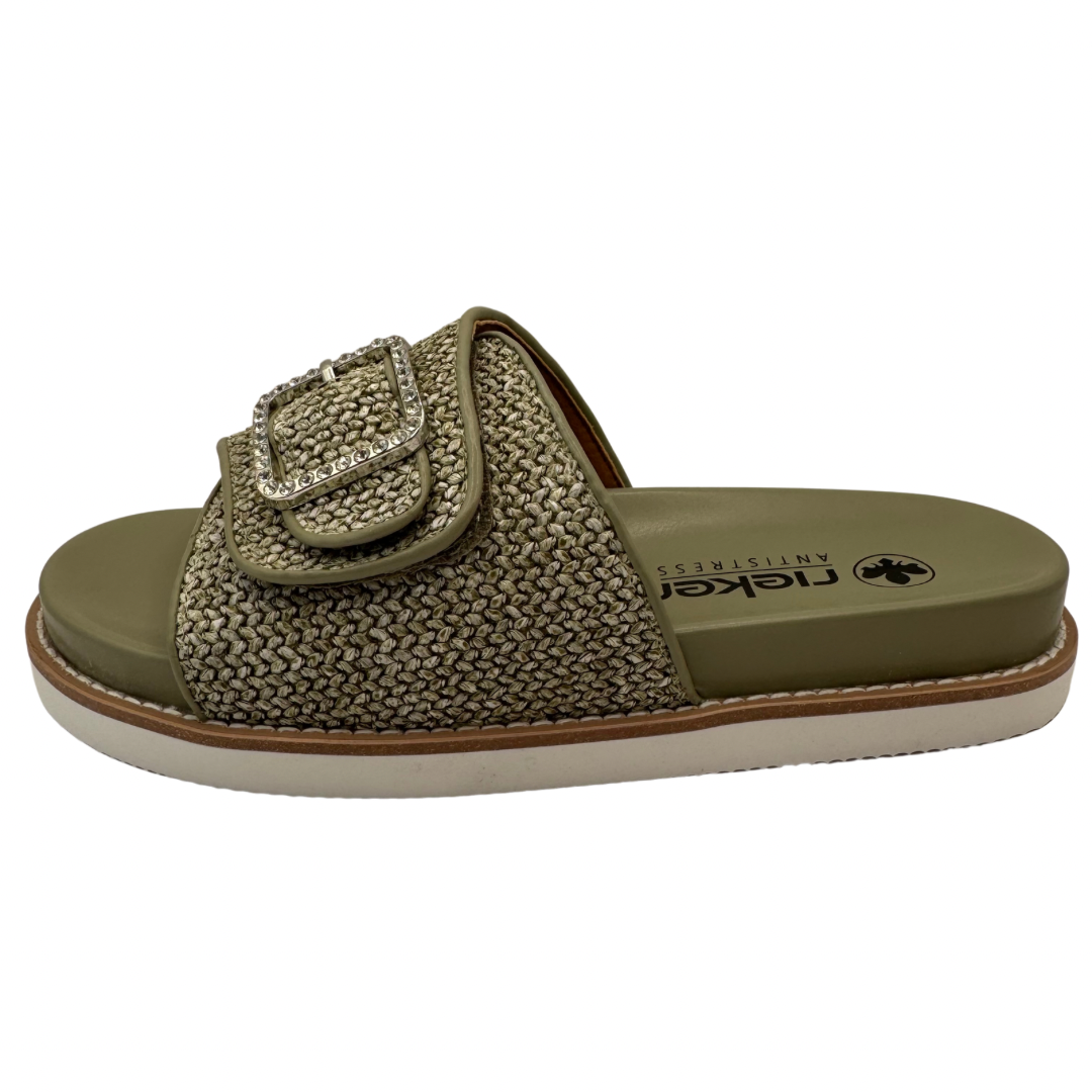 Rieker Green Woven Slip On Sandals with Diamanté Buckle Detail