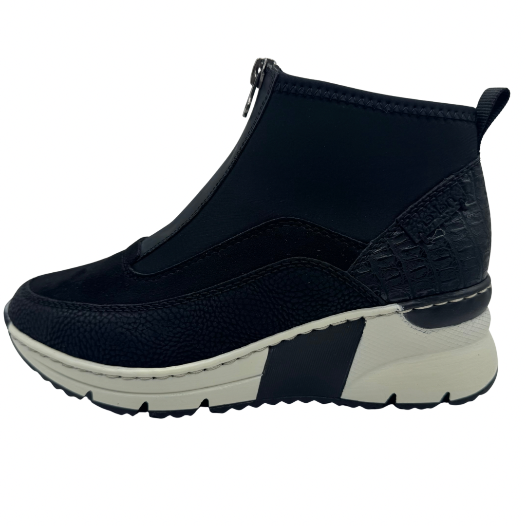 Rieker All Black Wedged Trainer Boots with Front Zip