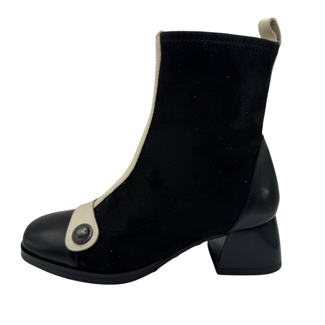 Hispanitas Black Heeled Boots with Cream and Button Detail