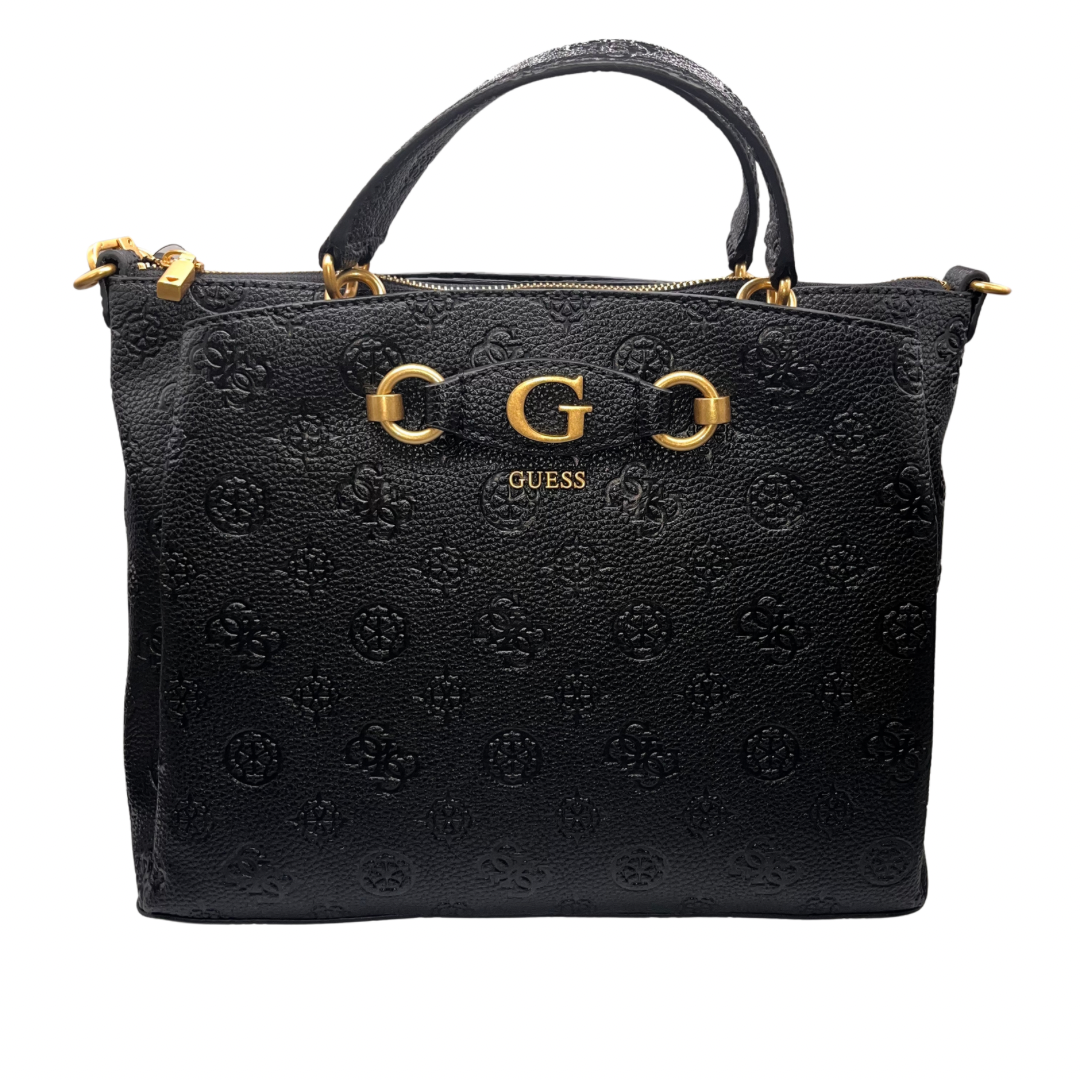 Guess Black Logo Print Handbag with Gold Detail