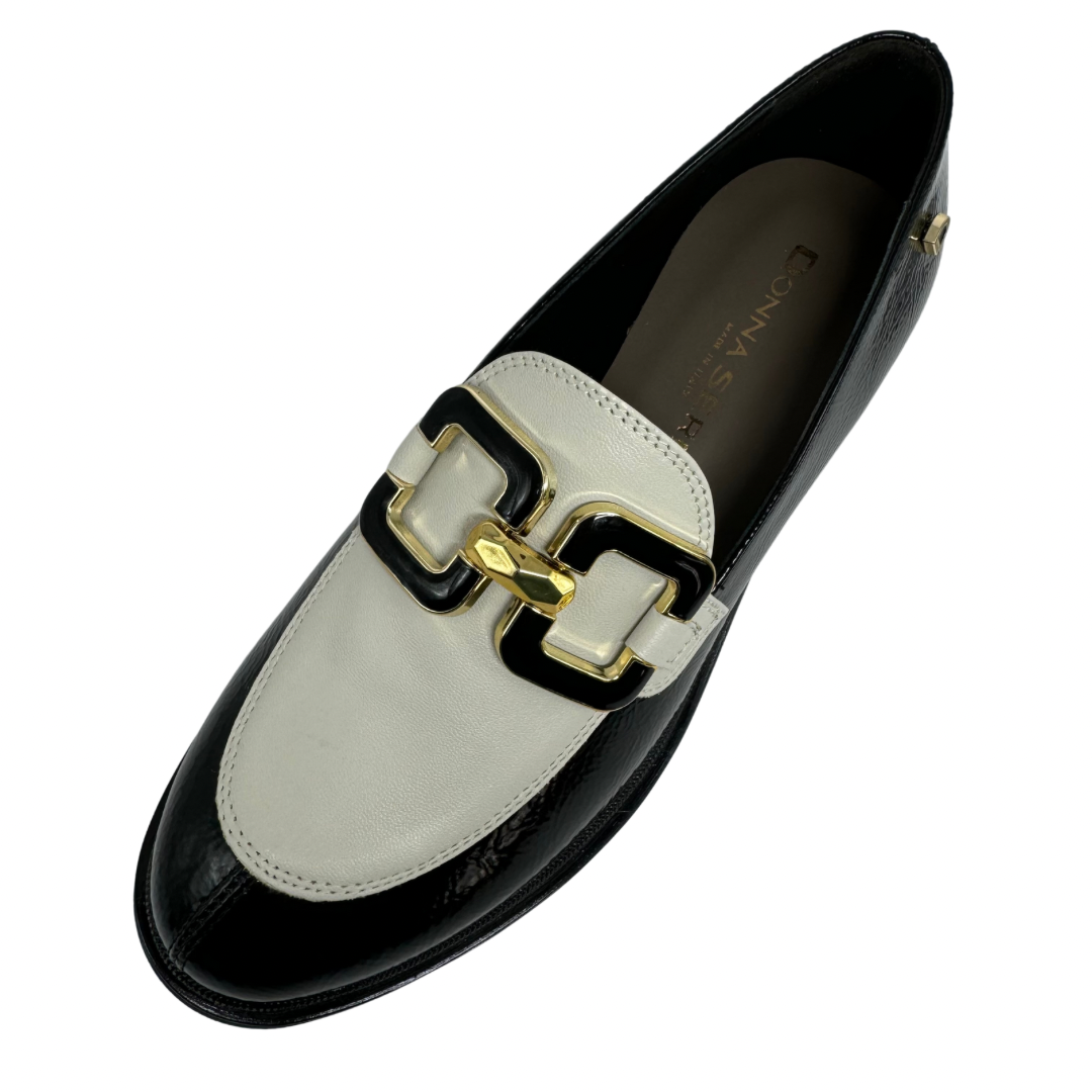 Donna Serena Black Patent and Cream Leather Loafers