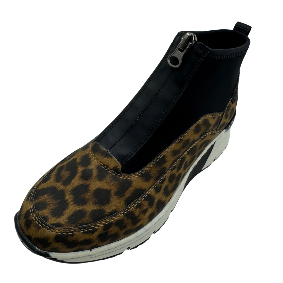 Rieker Brown Leopard Print &amp; Black Wedged Trainer Boots with Fromt Zip