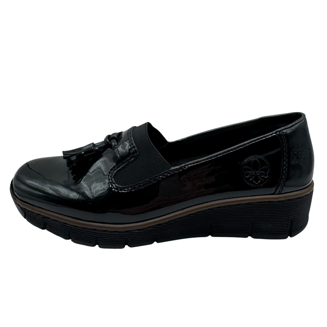 Rieker Black Patent Wedged Loafer with Tassle Detail